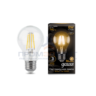 Лампа Gauss Filament А60 8W 740lm 3000К Е27 LED 1/10/40